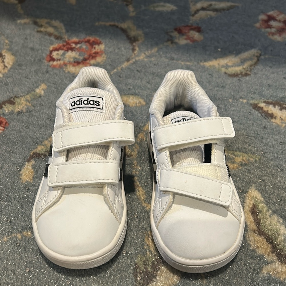 Toddler White and black adidas Velcro sneakers. Brand new- never worn